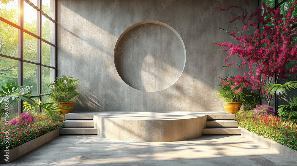 Poster 3d empty product display podium for presentations. modern sunlit space with a serene circular wall c