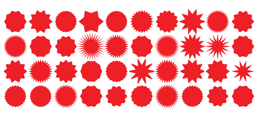 Set of red price sticker, sale or discount sticker, sunburst badges icon. Stars shape with different number of rays. Special offer price tag. Red starburst promotional badge set, shopping labels. eps  - obrazy, fototapety, plakaty