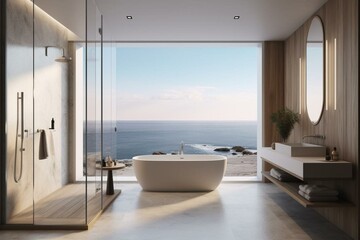 A bathroom with a stunning ocean view, designed with luxury in mind, showcased through a visually appealing 3D rendering. Generative AI