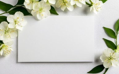 Blank greeting paper card, invitation mockup scene top view with white flowers. Elegant stationery on white table background