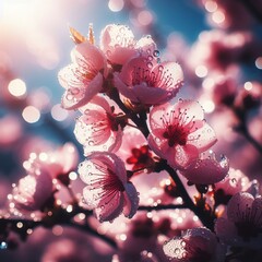 Beautiful blooming branch of cherry with pink flowers and dew drops