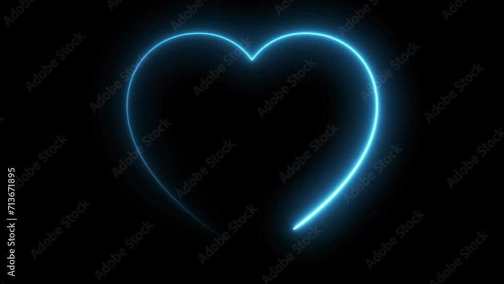 Poster abstract heart neon glowing line frame, animated moving led light screen box projection 3d rendering