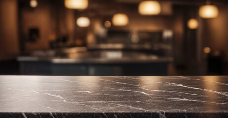 Black marble bar counter top with blank space product mockup. on dark blurred background of...