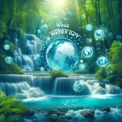 Glowing Earth planet and forest waterfall background with text World Environment Day