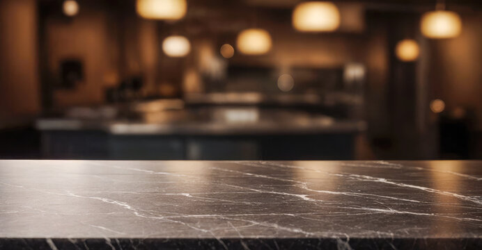 Black marble bar counter top with blank space product mockup. on dark blurred background of restaurant or bar. Blurred lights in background. product placement