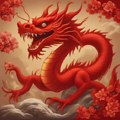 Red yellow origami dragon on the palm. Chinese new year 2024 celebration.