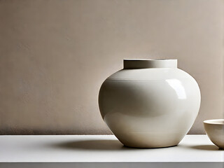 This is a photo of a simple oriental moon jar. Generative AI. 