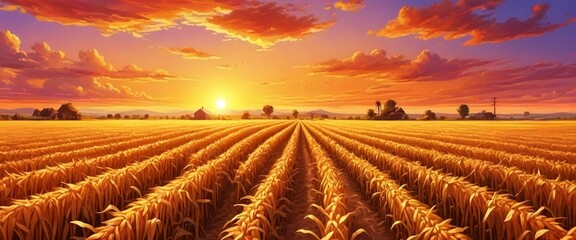 Panoramic capture of sunset beauty over corn field with blue sky and clouds, agricultural landscape. Generative AI - obrazy, fototapety, plakaty