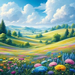 Beautiful summer landscape with meadow and flowers.  