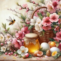 Obraz na płótnie Canvas Happy Spring Day. Easter composition with eggs, honey, cherry blossoms and bees. 