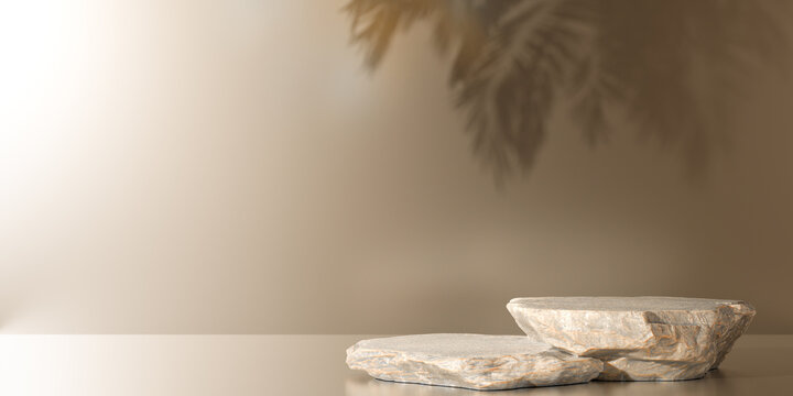 Two Exhibition Podium, stand, on pastel beige background for premium product. Two Grey stone pedestal podium. scene with palm leaf shadow. single stone podium minimal product display pedestal