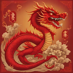 Red yellow origami dragon on the palm. Chinese new year 2024 celebration.