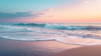 Fototapeta na wymiar Painting, Beach With Waves Crashing on Shore