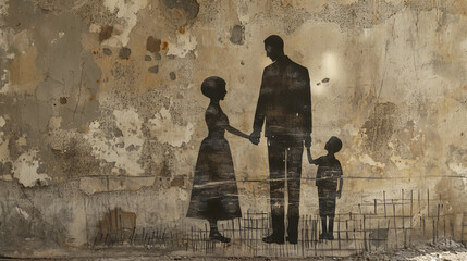 The shadows of a family interlocked, holding hands, cast upon the worn old wall of a house