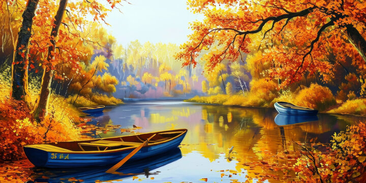 a painting with autumn trees and boats near a river, generative AI