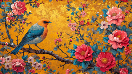 Midcentury Retro Vintage Victorian Era Graphics with ornaments nature-inspired, Realistic Hand Drawn Oil Painting of Seamless Tile Pattern Wallpaper for Residence Hotel Interior Wall Decoration,