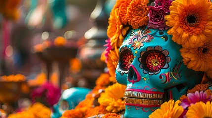 Blue and Orange Skull With Flowers -