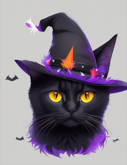 A photo of beautiful black cat wearing a witch hat rendered Generative AI