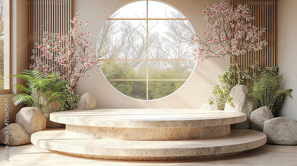 Poster 3d empty product display podium for presentations. an elegant indoor garden space with a grand circu
