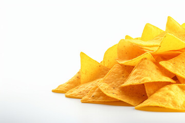 Corn chips of triangular shape levitate on a white background Generative AI