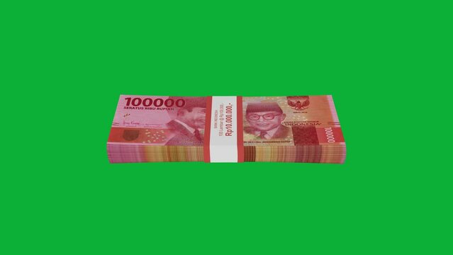 3D Animation of a single bundle of 100000 Indonesian rupiah notes rotating in a loop in different angles on green screen background.