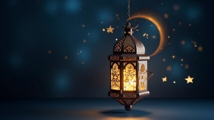 Fototapeta na wymiar Ramadhan Kareem greetings. Islamic lantern in the night sky with crescent moon and stars. copyspace - generative ai 