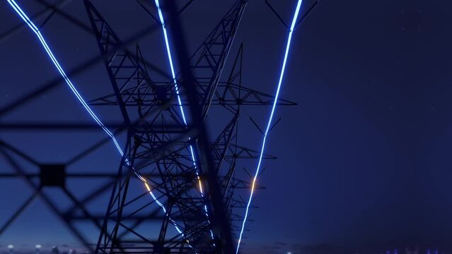 high voltage electric transmission tower with glowing current line, electrical power transmit through wire to city and house at night, Renewable green energy grid infrastructure concept 3d rendering 