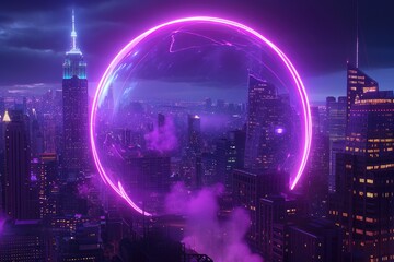 Obraz premium Purple circular bubbles. Stage backdrop, 3D illustration rendering, futuristic neon glowing room.