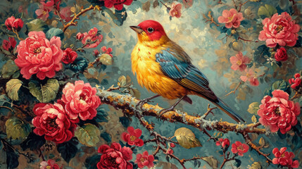Seamless Tile Pattern Wallpaper for Residence Hotel Interior Wall Decoration, Realistic Hand Drawn Oil PaMidcentury, Retro Vintage Victorian with ornaments, nature-inspired, floral patterns background