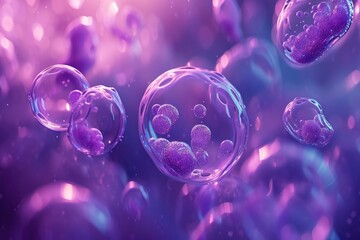 Purple circular bubbles. Stage backdrop, 3D illustration rendering, futuristic neon glowing room.