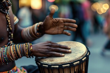 A detailed view of a street drummer's hands, passionately playing rhythmic beats on makeshift drums