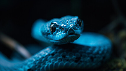 Blue viper snake on the branch in closeup