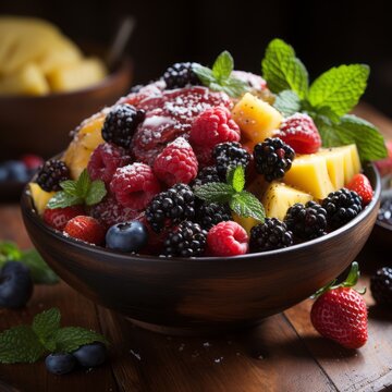 Fresh fruit bowl on a wooden table perfect summer dessert 

