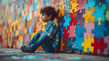 World autism awareness day. Little boy sitting before the wall made from jigsaw puzzle pieces. Child autism concept. Generative AI - obrazy, fototapety, plakaty