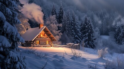 Cabin Nestled Amidst Snowy Forest