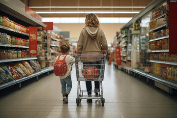 Mother and her children are shopping for groceries at supermarket AI Generation
