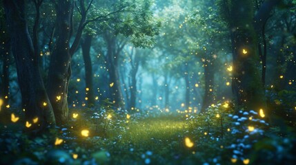 Fototapeta na wymiar Serene Forest Glowing With Golden Fireflies on