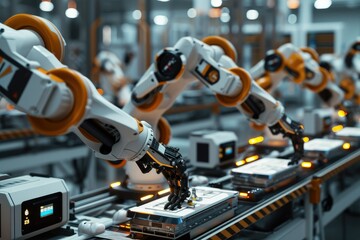 A futuristic image of robotic arms working seamlessly on an assembly line