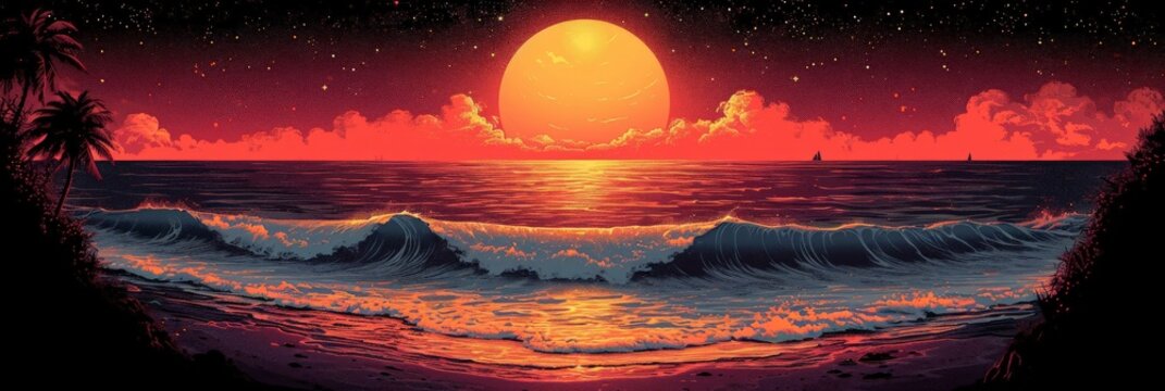 Fototapeta Screen printed Big Wave Sunset Illustration on a Black Background in the Style of a 1970s Music Poster - 70s Graphic Design Wallpaper created with Generative AI Technology
