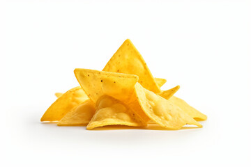 Corn chips of triangular shape levitate on a white background Generative AI