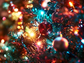 Obraz na płótnie Canvas Christmas Tree Colorful Lights and Ornaments Festive Background Wallpaper Image