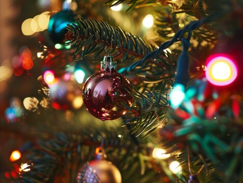 Christmas Tree Colorful Lights and Ornaments Festive Background Wallpaper Image