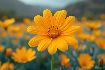 Obraz premium Yellow flowers on a natural yellow-green nature background.