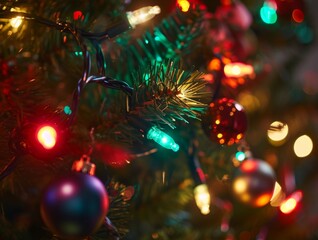 Christmas Tree Colorful Lights and Ornaments Festive Background Wallpaper Image