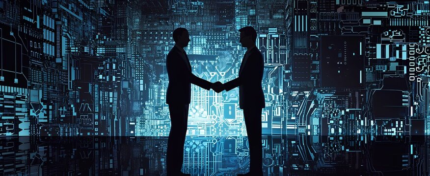 Two Businessman, Shaking Hands In The Dark, With Electronic Components In The Background, Geometric Shapes And Patterns, Indigo, Black, Business And Economic Growth. Digital Technology. Generative AI