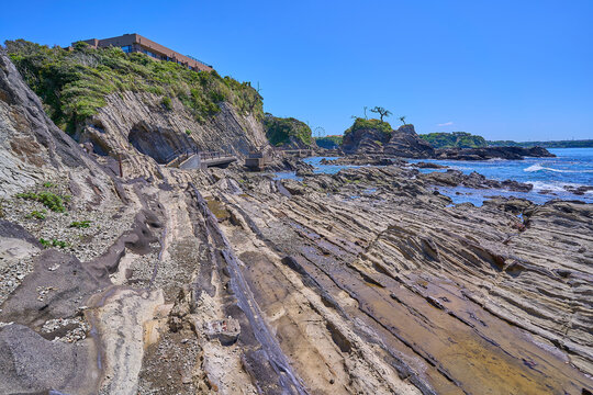 水彩画「荒崎海岸」 3月,三浦半島の荒崎海岸-美しい地層美の海岸の写真素材
