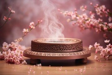 Round podium with smoke on nowruz flower background. High quality photos, no text on images generative ai