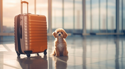 Cute caring dog at the airport guarding big orange suitcase, anticipating the return of the owner....