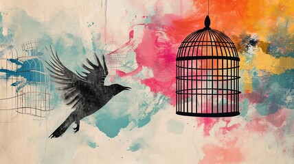 Freedom of Self-Love: Bird Escaping into Colorful Sky

 - obrazy, fototapety, plakaty
