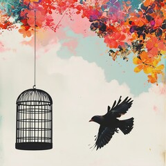 Fototapeta premium Freedom of Self-Love: Bird Escaping into Colorful Sky